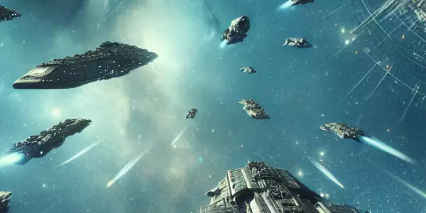 未来世界中的星际飞船与外星文明，紧张的太空追逐场景。
